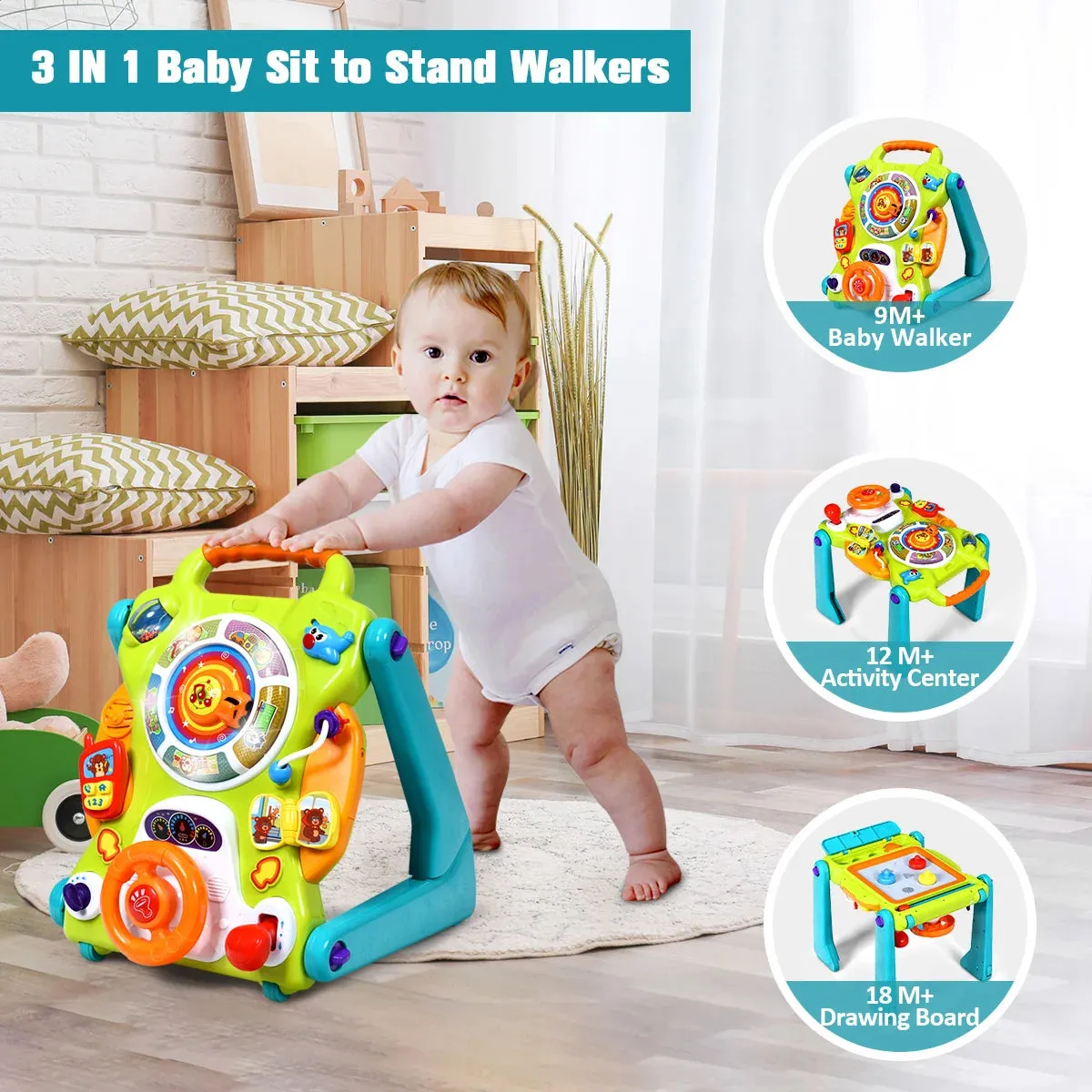 3 In1 Sit to Stand Learning Walker Kids Activity Center Toddlers Musical Toy