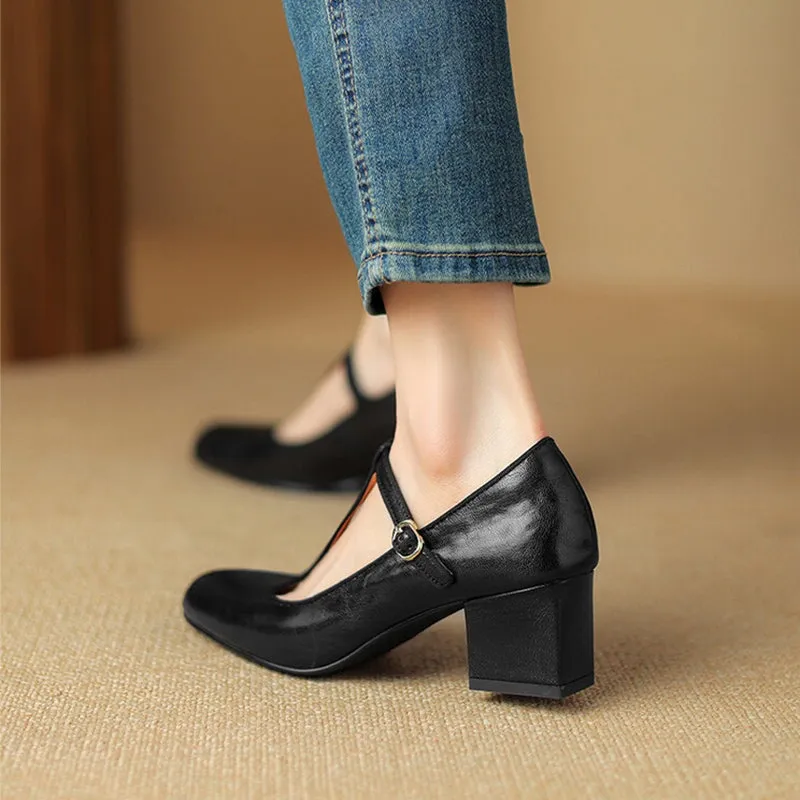 55mm Block Heel Leather Mary Jane T-strap Shoes in Black/Brown