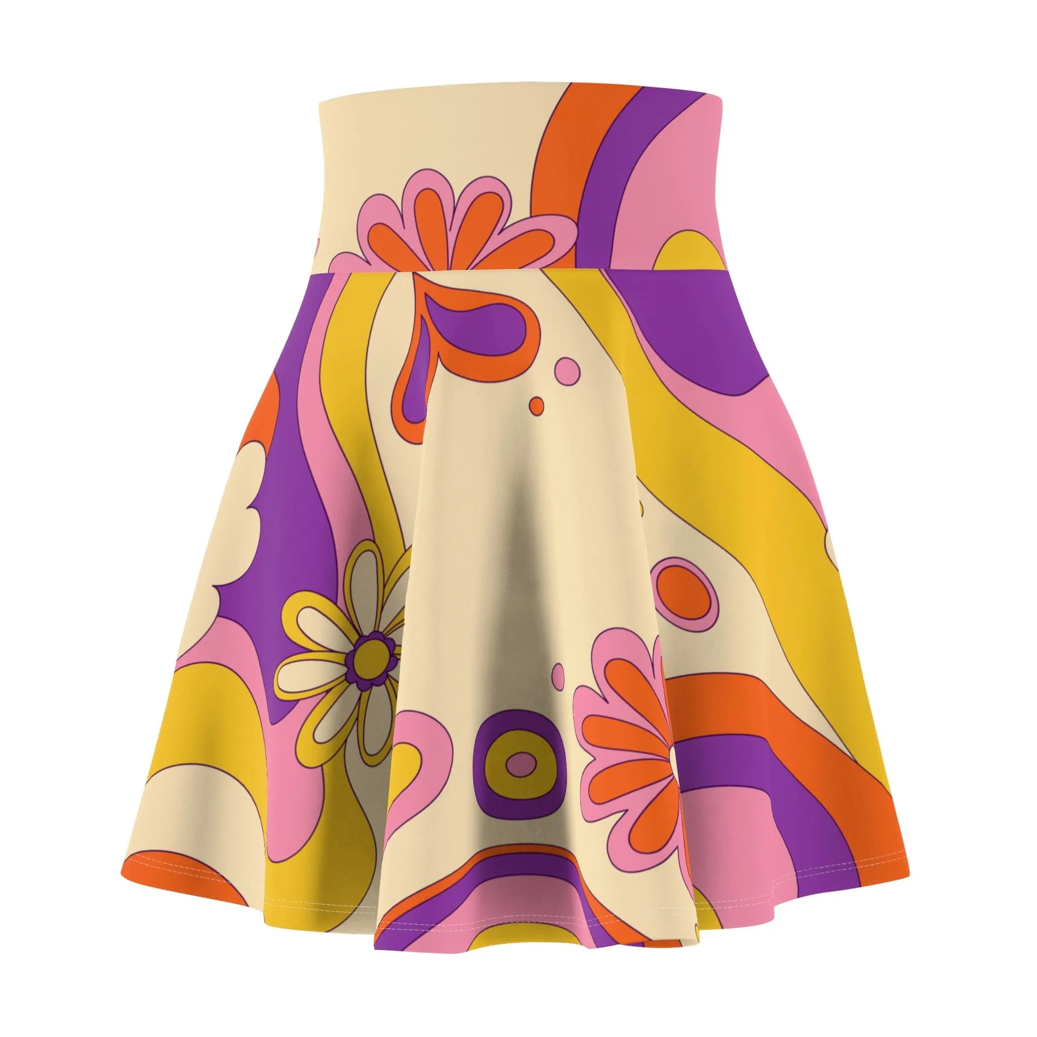 60s, 70s Retro Flower Power Custom Women's Skater Skirt in Mid Century Modern Boho Shades of Beige, Burnt Orange, Mustard Yellow and Pink