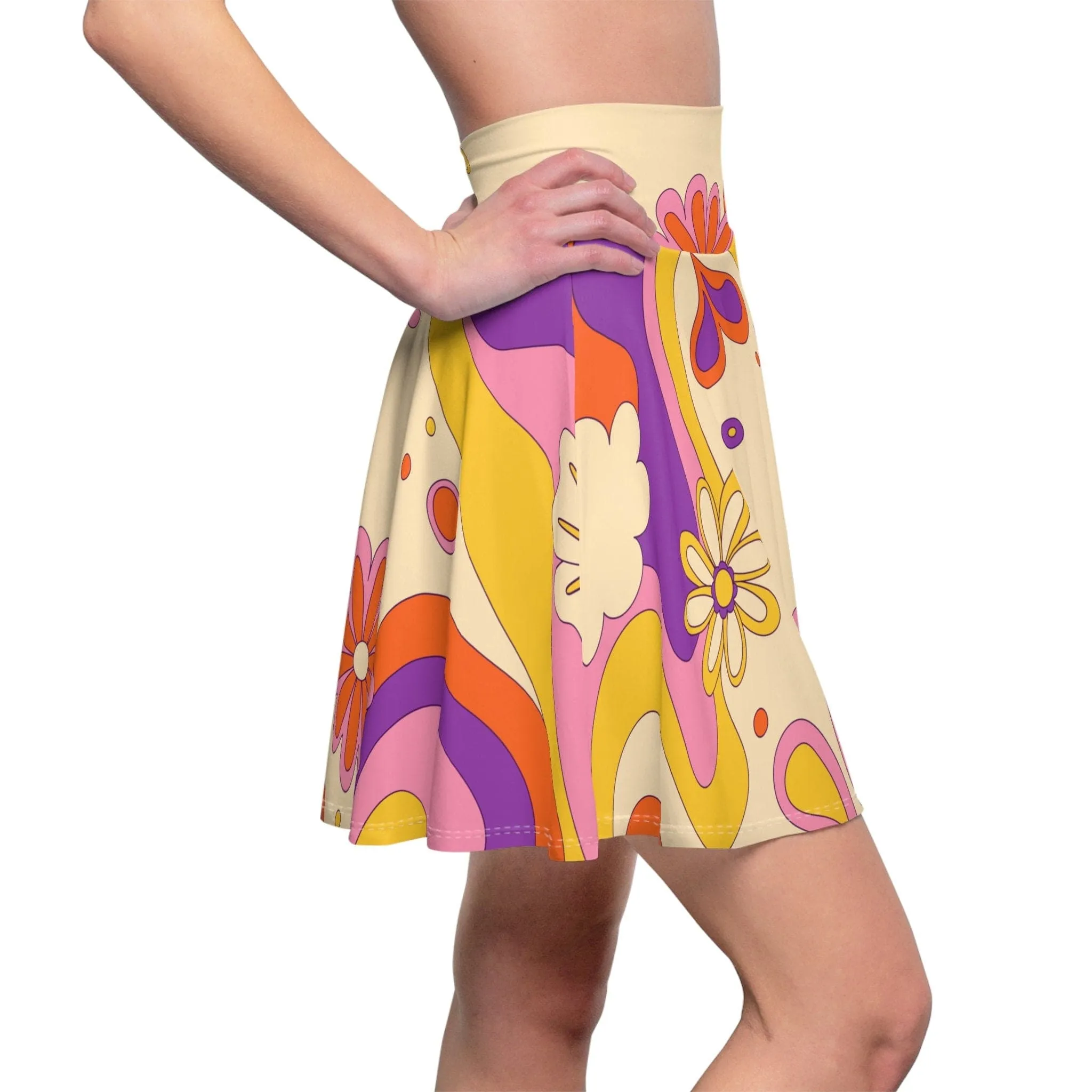 60s, 70s Retro Flower Power Custom Women's Skater Skirt in Mid Century Modern Boho Shades of Beige, Burnt Orange, Mustard Yellow and Pink