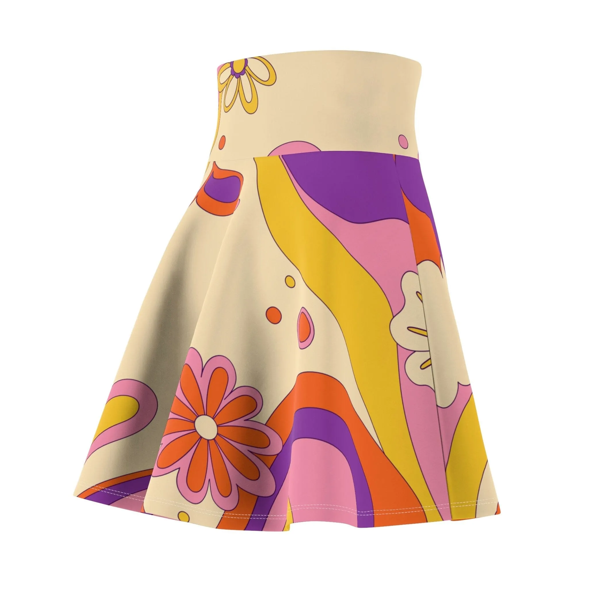 60s, 70s Retro Flower Power Custom Women's Skater Skirt in Mid Century Modern Boho Shades of Beige, Burnt Orange, Mustard Yellow and Pink