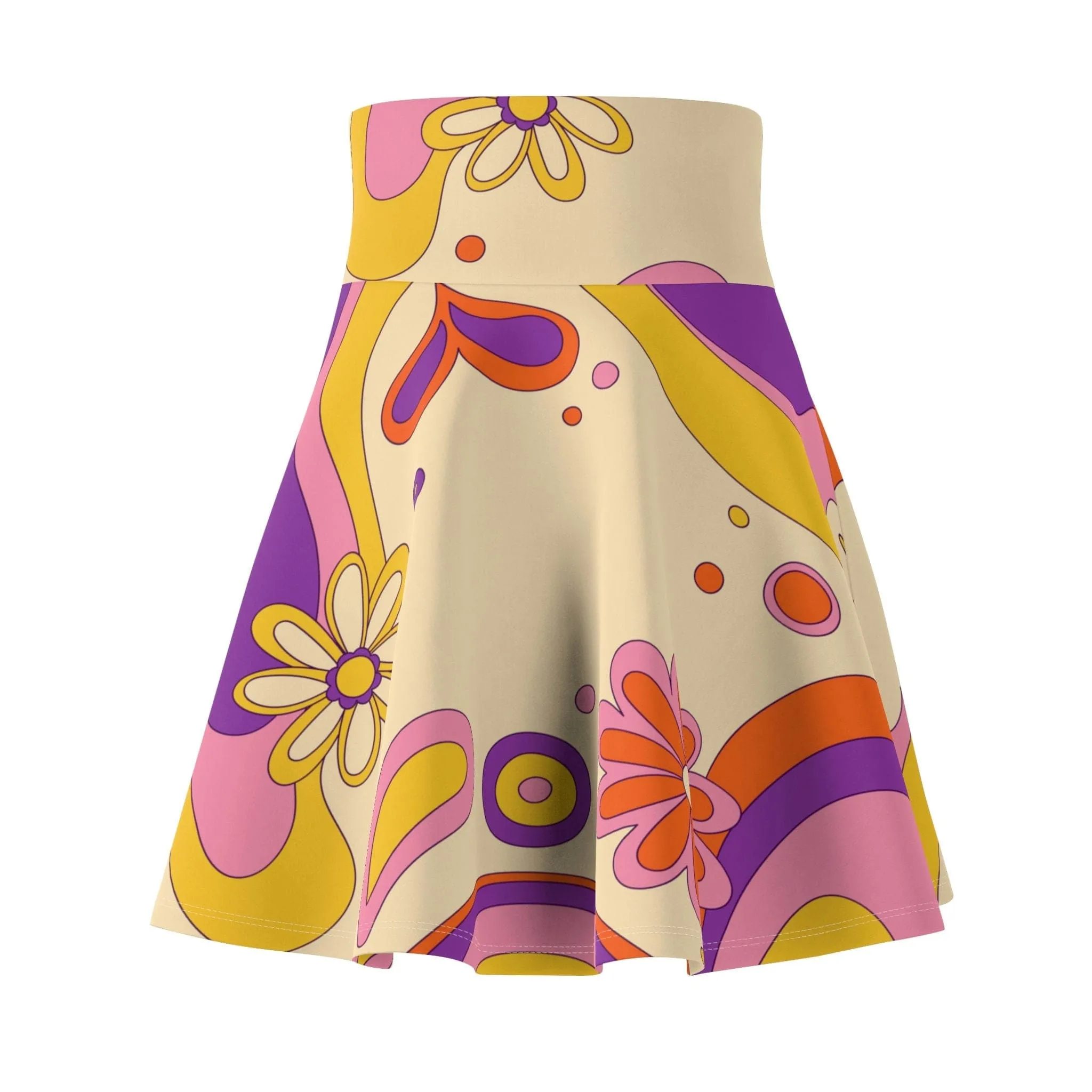 60s, 70s Retro Flower Power Custom Women's Skater Skirt in Mid Century Modern Boho Shades of Beige, Burnt Orange, Mustard Yellow and Pink