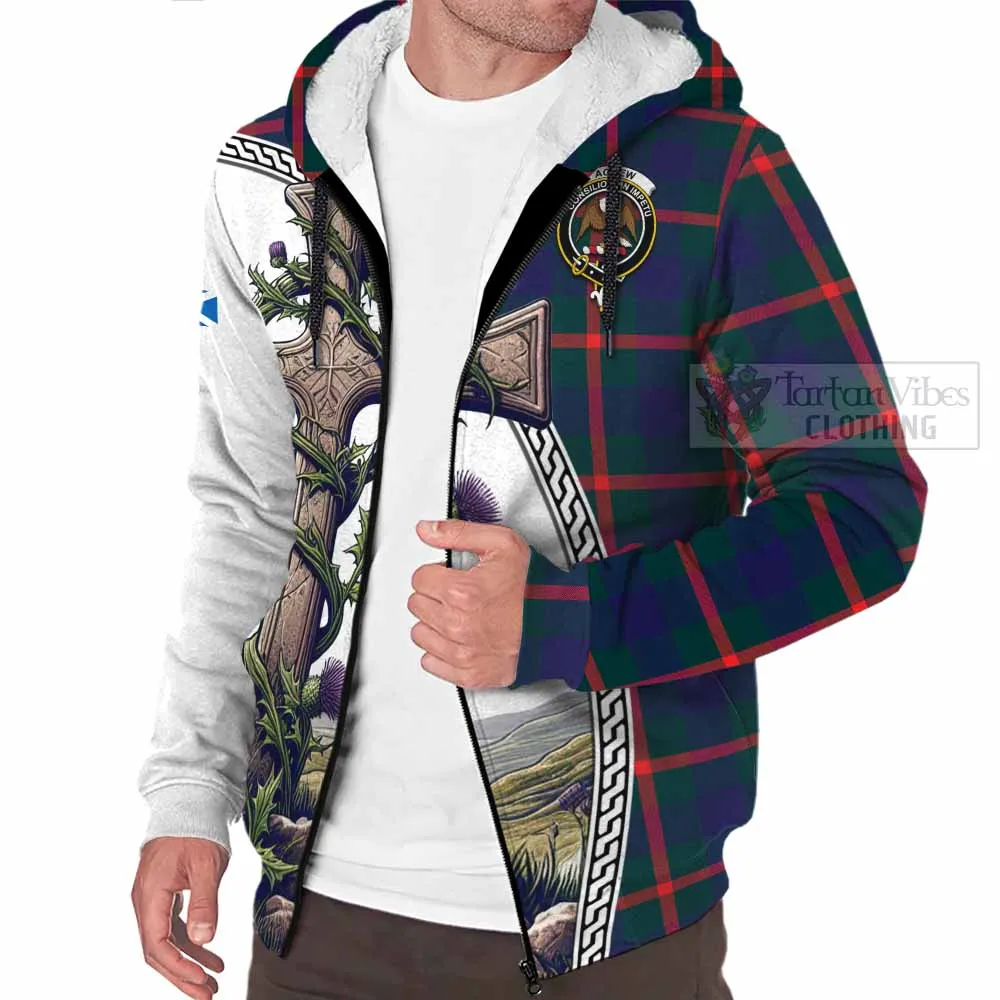 Agnew Tartan Sherpa Hoodie with Family Crest and St. Andrew's Cross Accented by Thistle Vines