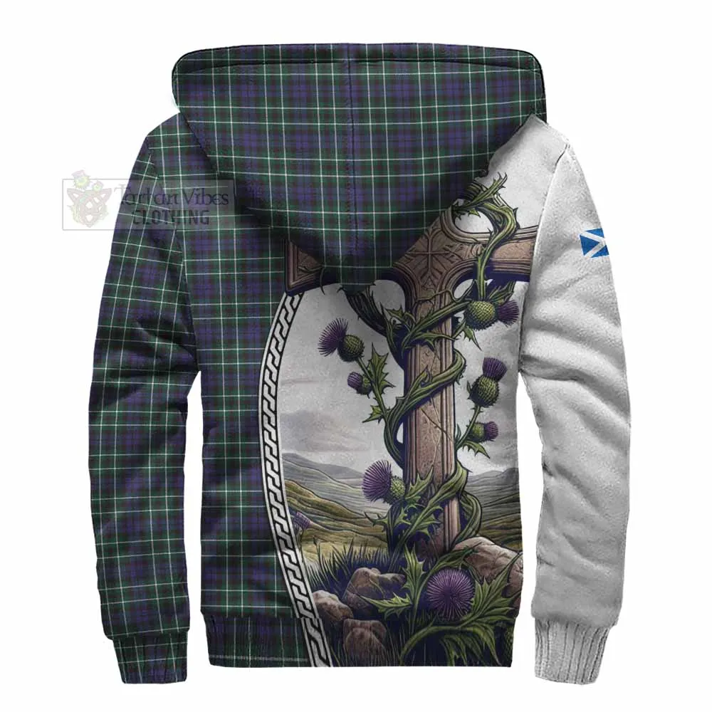 Allardice Tartan Sherpa Hoodie with Family Crest and St. Andrew's Cross Accented by Thistle Vines