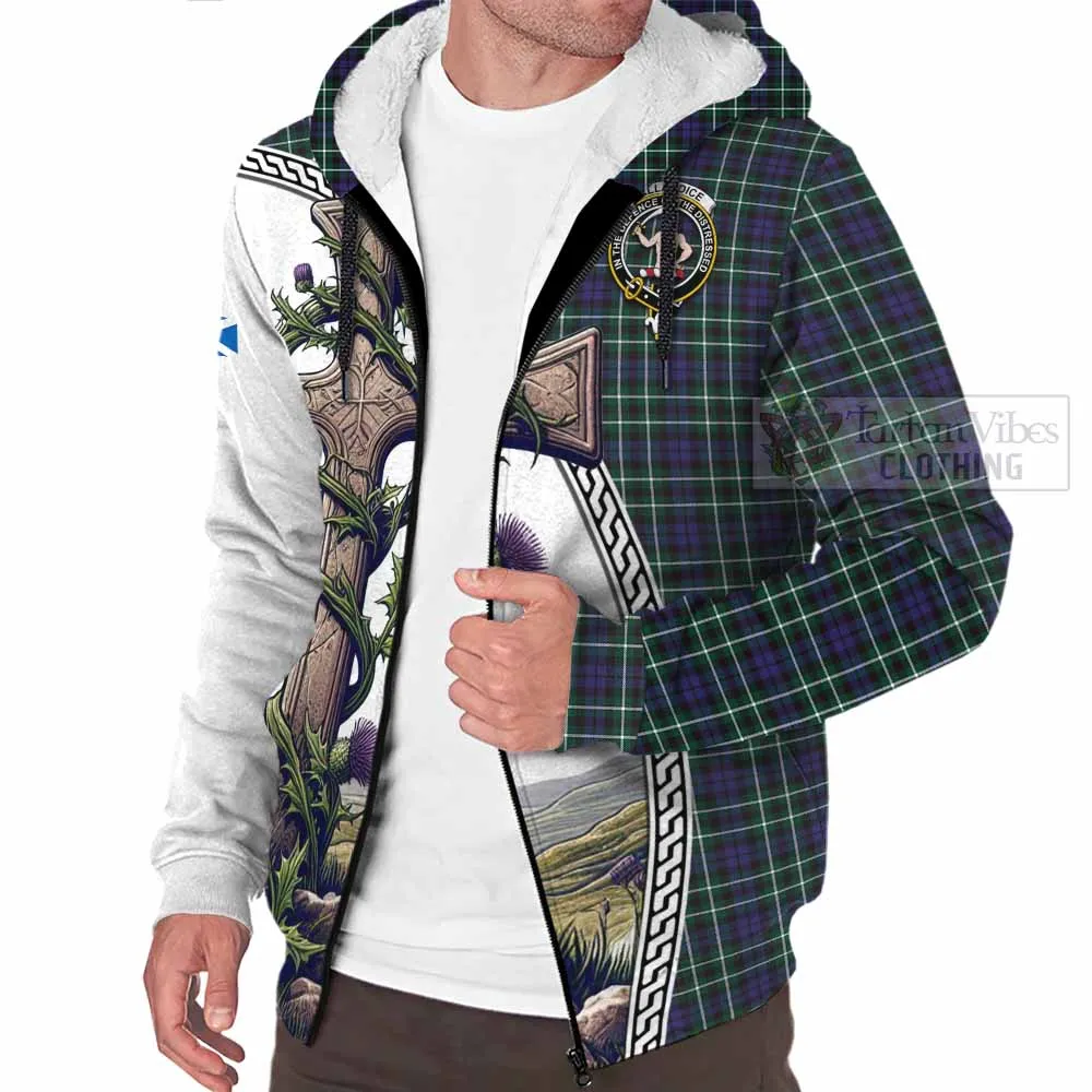 Allardice Tartan Sherpa Hoodie with Family Crest and St. Andrew's Cross Accented by Thistle Vines