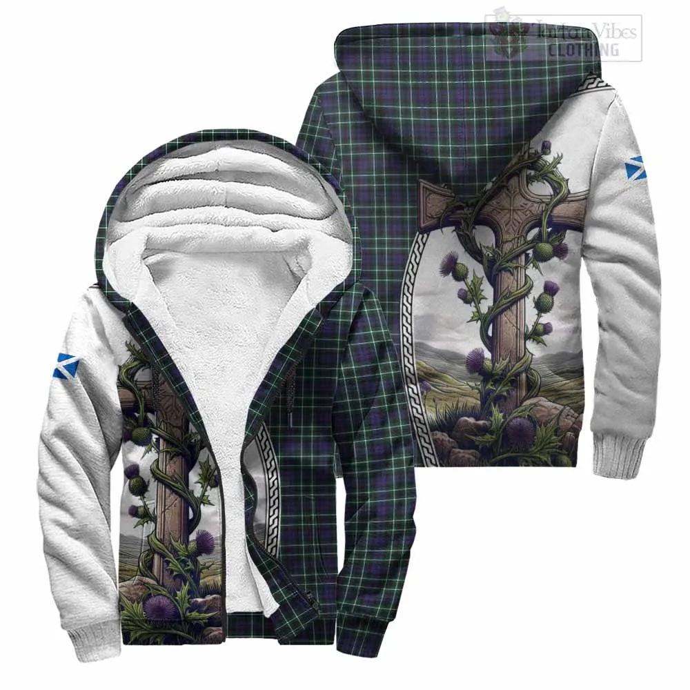 Allardice Tartan Sherpa Hoodie with Family Crest and St. Andrew's Cross Accented by Thistle Vines