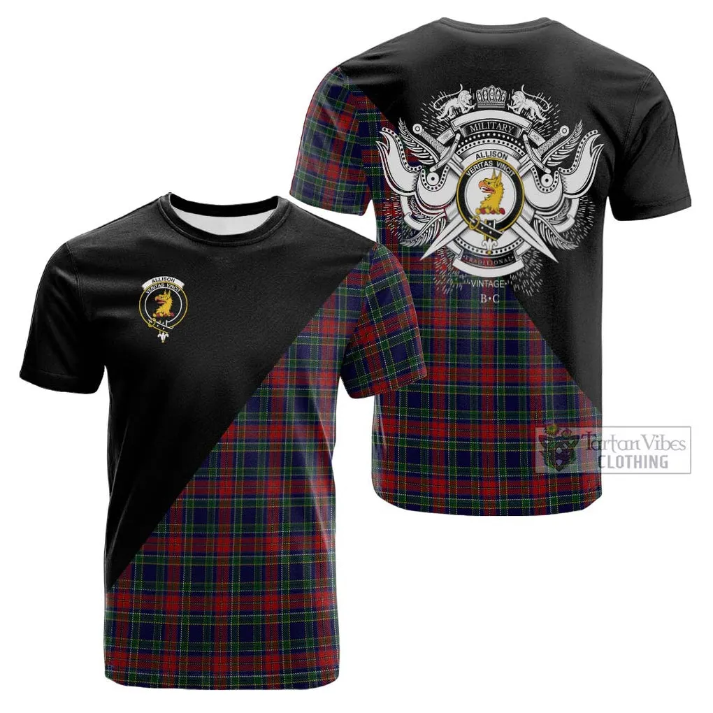 Allison Red Tartan Cotton T-shirt with Family Crest and Military Logo Style