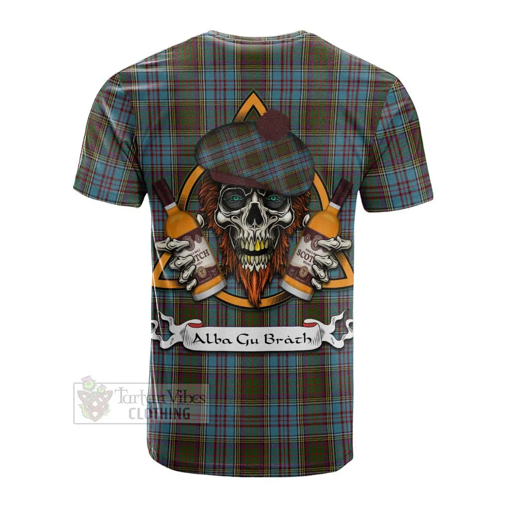 Anderson Tartan Cotton T-shirt with Family Crest and Bearded Skull Holding Bottles of Whiskey