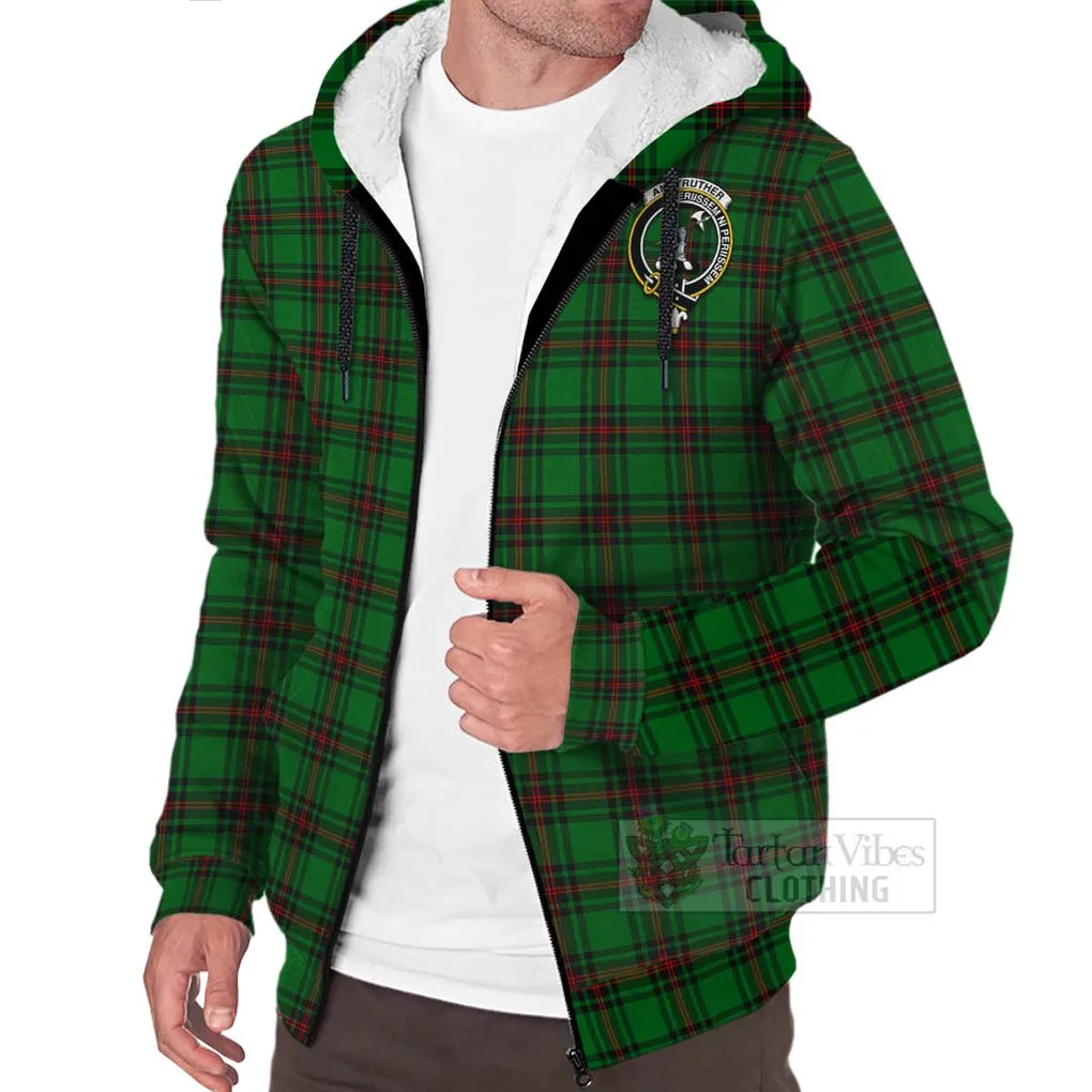 Anstruther Tartan Sherpa Hoodie with Family Crest and Bearded Skull Holding Bottles of Whiskey