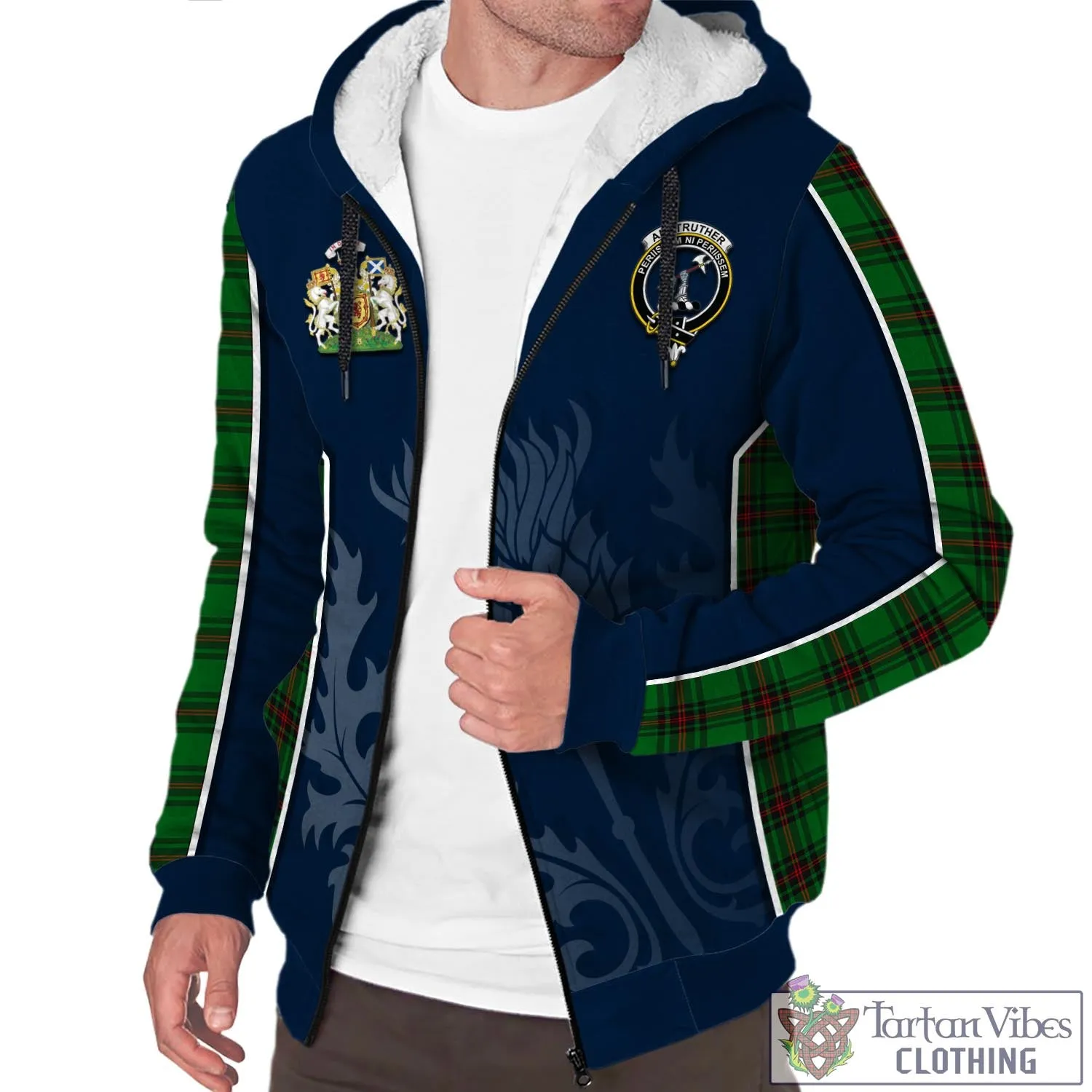 Anstruther Tartan Sherpa Hoodie with Family Crest and Scottish Thistle Vibes Sport Style