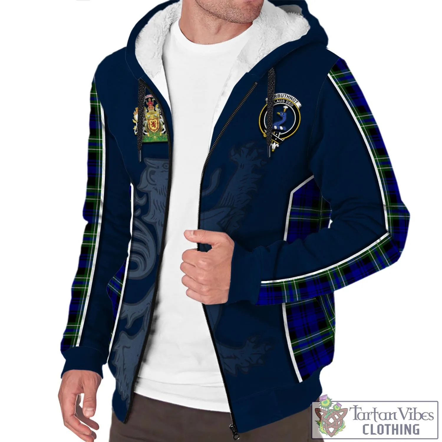 Arbuthnot Modern Tartan Sherpa Hoodie with Family Crest and Lion Rampant Vibes Sport Style