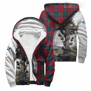 Auchinleck (Affleck) Tartan Sherpa Hoodie with Family Crest and St. Andrew's Cross Accented by Thistle Vines