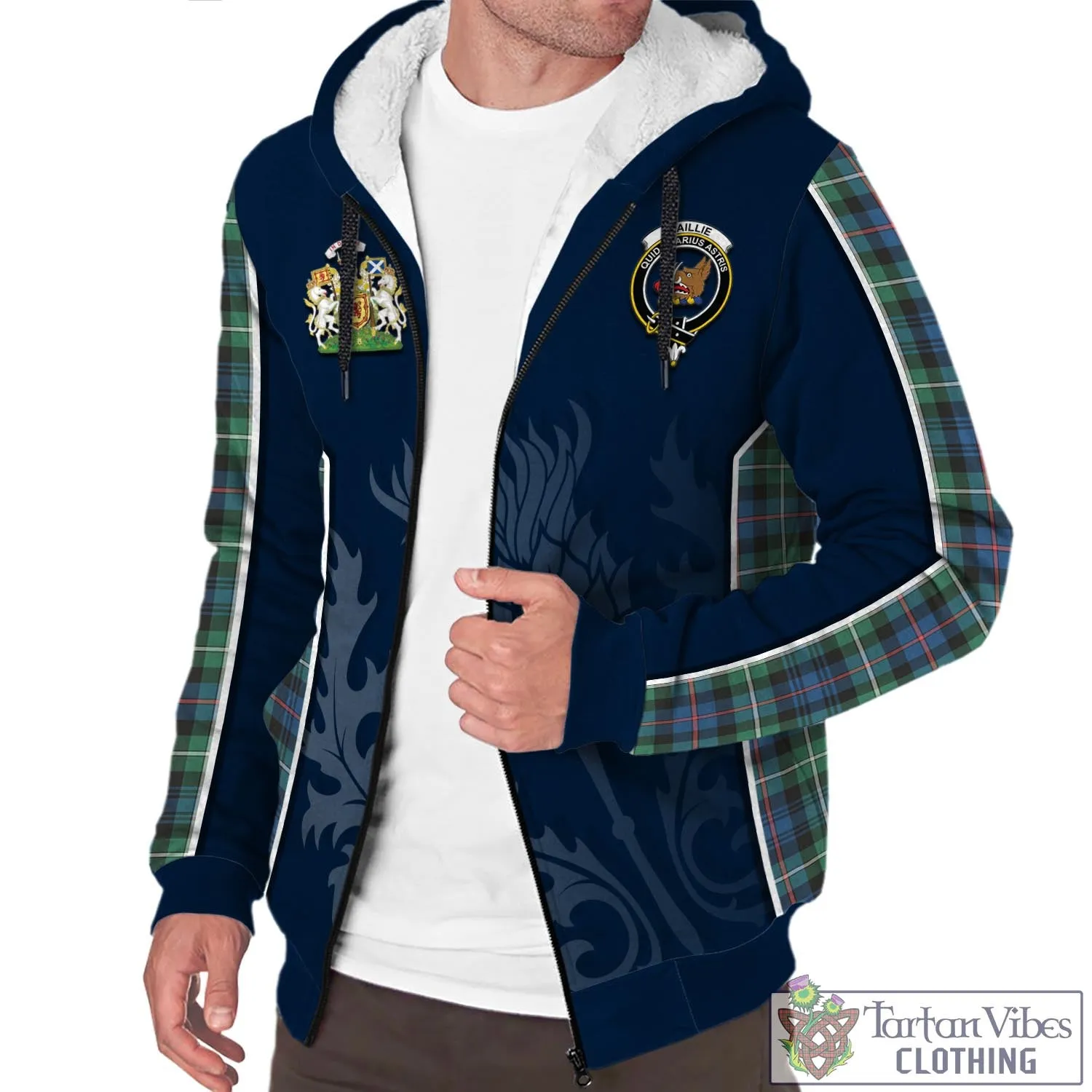 Baillie Ancient Tartan Sherpa Hoodie with Family Crest and Scottish Thistle Vibes Sport Style