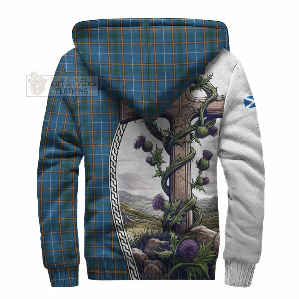 Bain Tartan Sherpa Hoodie with Family Crest and St. Andrew's Cross Accented by Thistle Vines