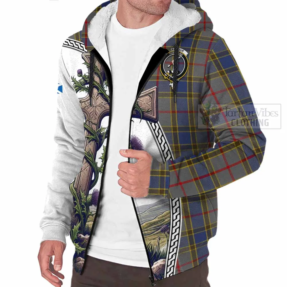 Balfour Tartan Sherpa Hoodie with Family Crest and St. Andrew's Cross Accented by Thistle Vines