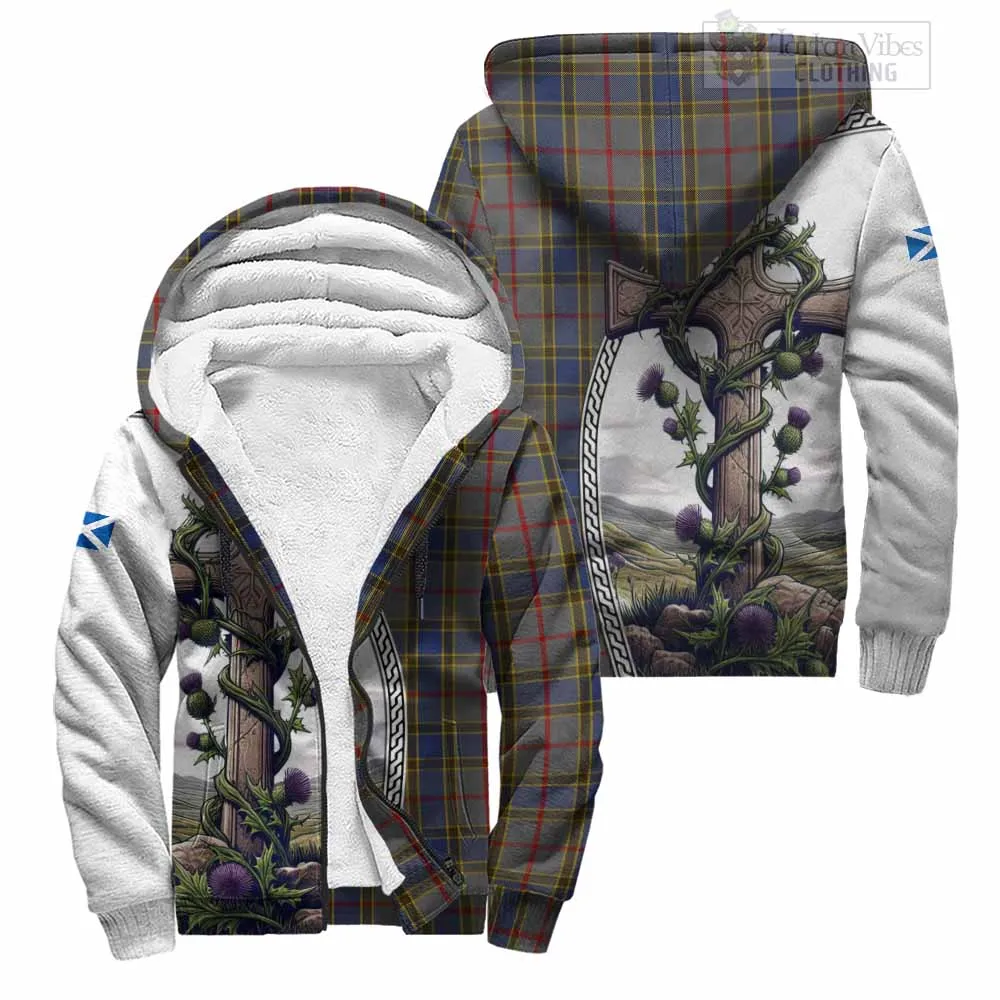 Balfour Tartan Sherpa Hoodie with Family Crest and St. Andrew's Cross Accented by Thistle Vines