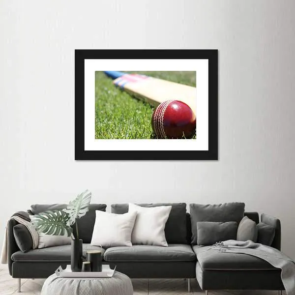 Ball & Bat On Grass Canvas Wall Art