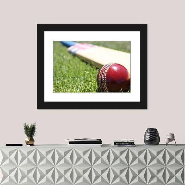 Ball & Bat On Grass Canvas Wall Art