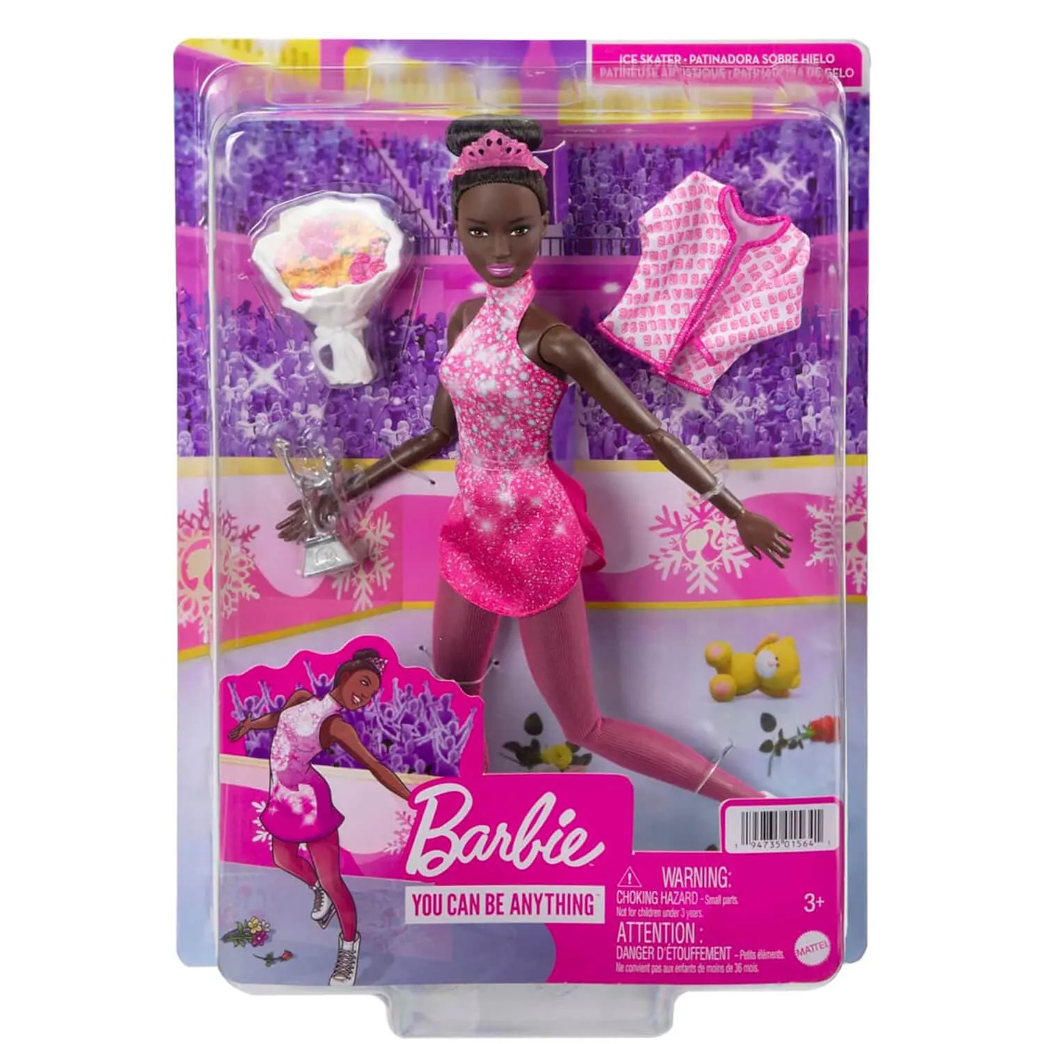 Barbie Ice Skater Doll Winter Sports Pink Dress Bouquet Trophy