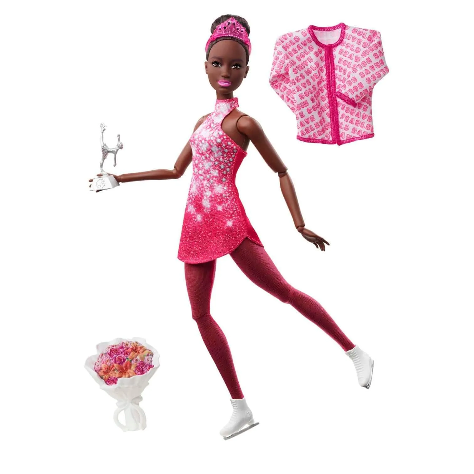 Barbie Ice Skater Doll Winter Sports Pink Dress Bouquet Trophy