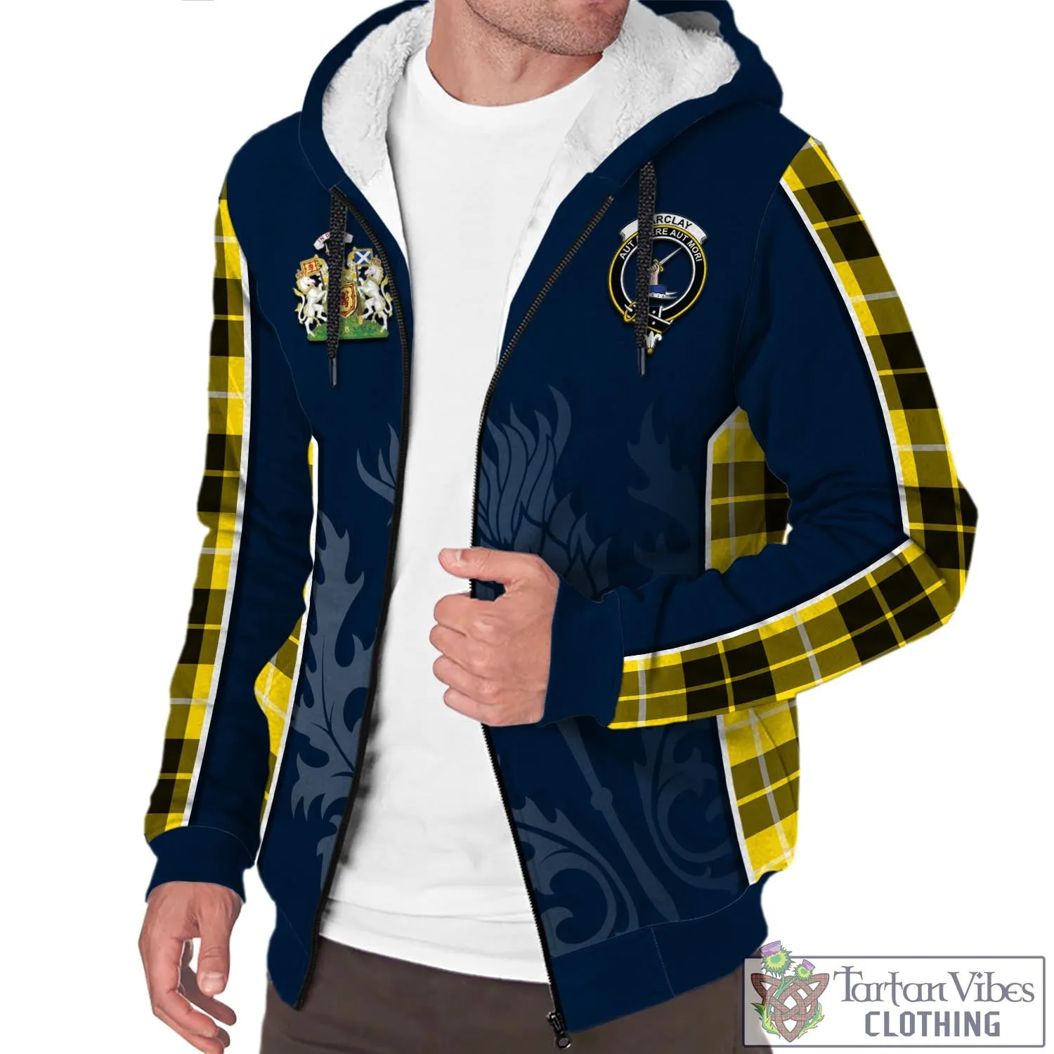 Barclay Dress Modern Tartan Sherpa Hoodie with Family Crest and Scottish Thistle Vibes Sport Style