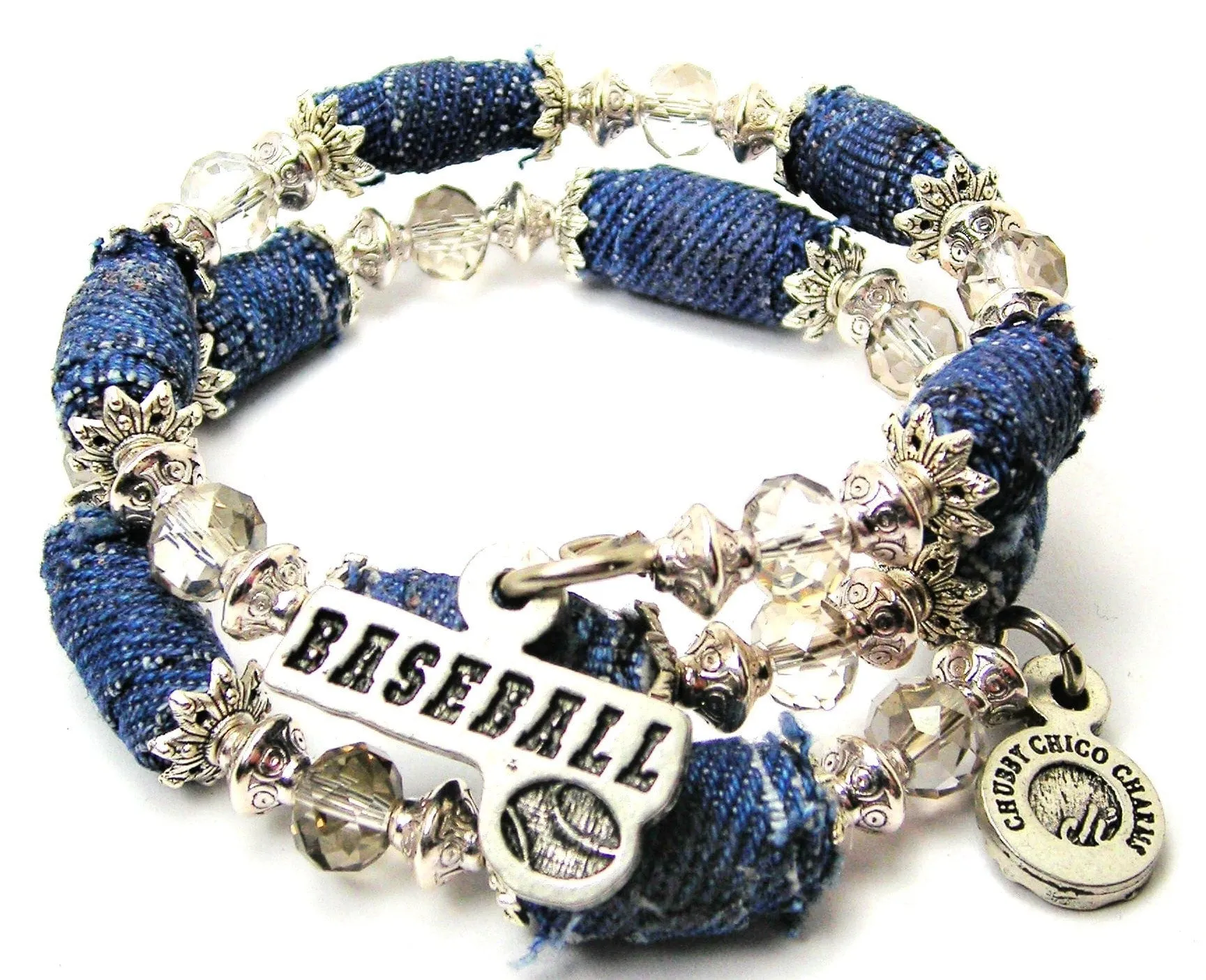 Baseball Tab With Baseball Blue Jean Beaded Wrap Bracelet