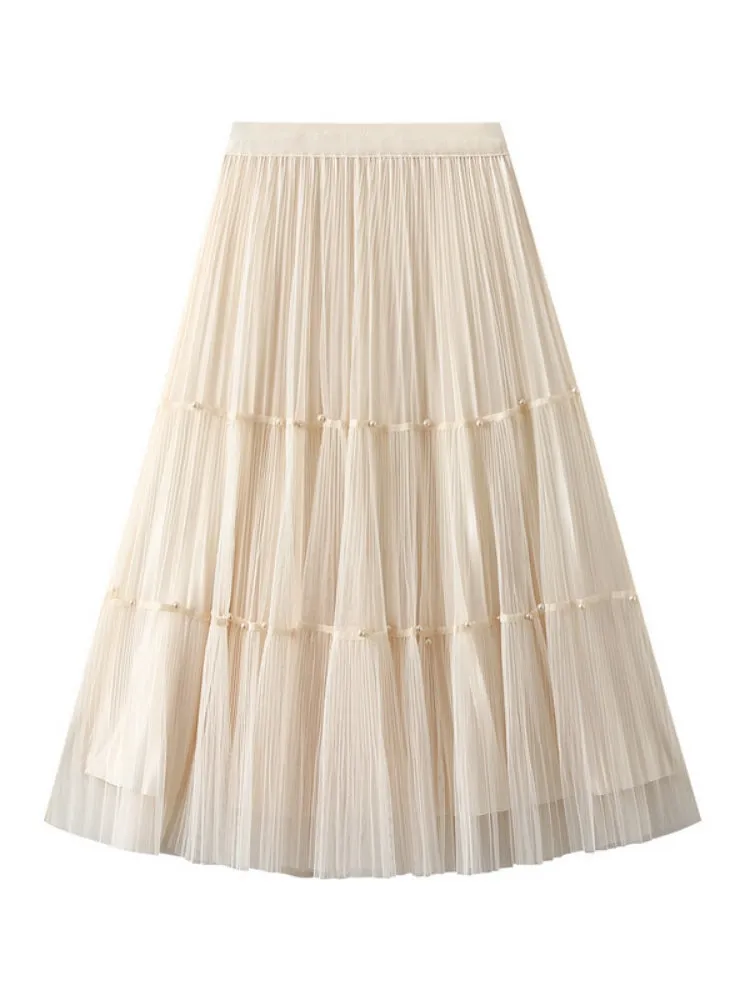 Beaded Gauze Pleated Skirt