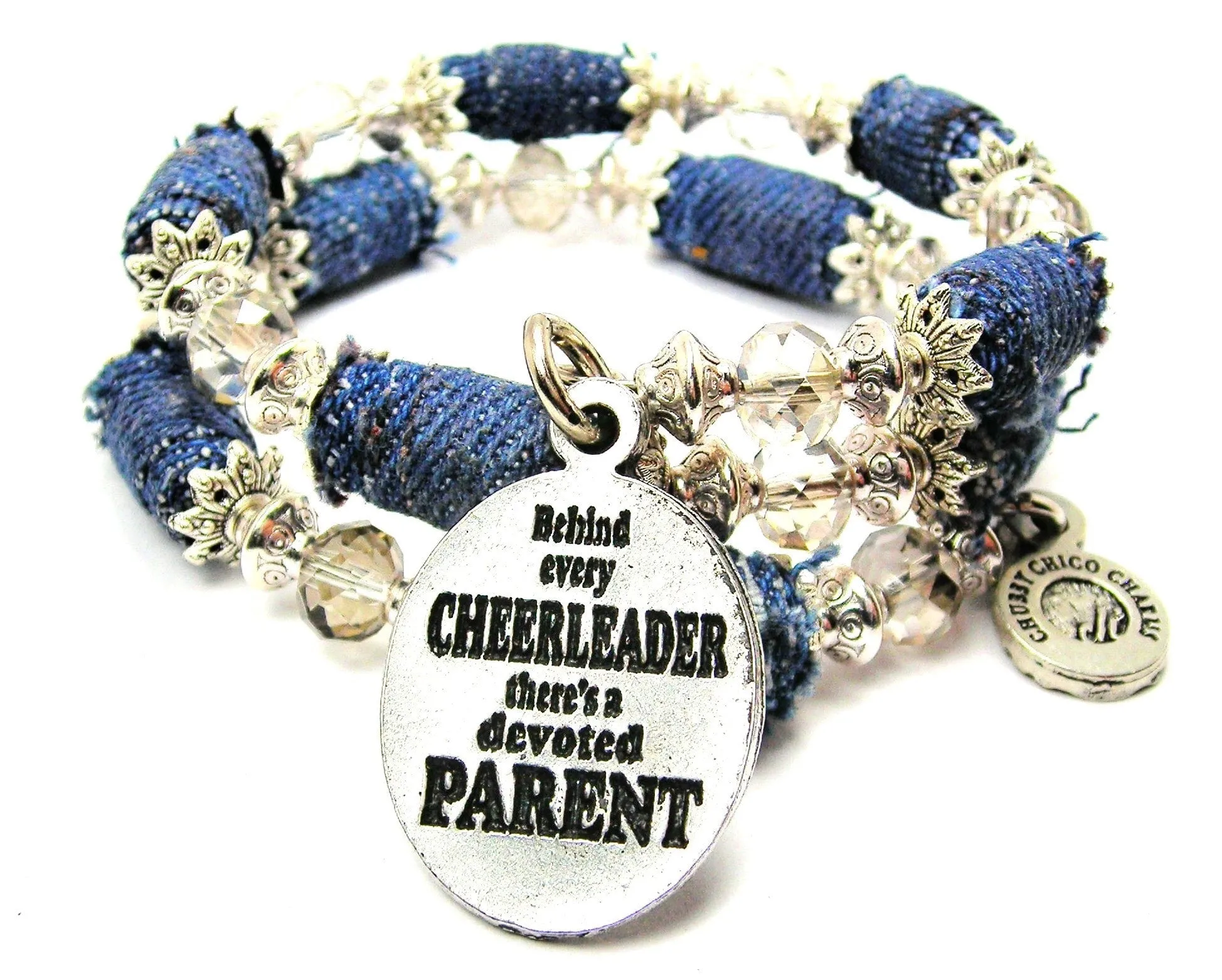 Behind Every Cheerleader There's A Devoted Parent Blue Jean Beaded Wrap Bracelet