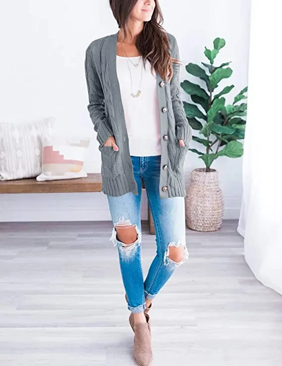 Beige Women's Long Sleeve Cable Knit Sweater Open Front Cardigan Button Loose Outerwear - MEROKEETY