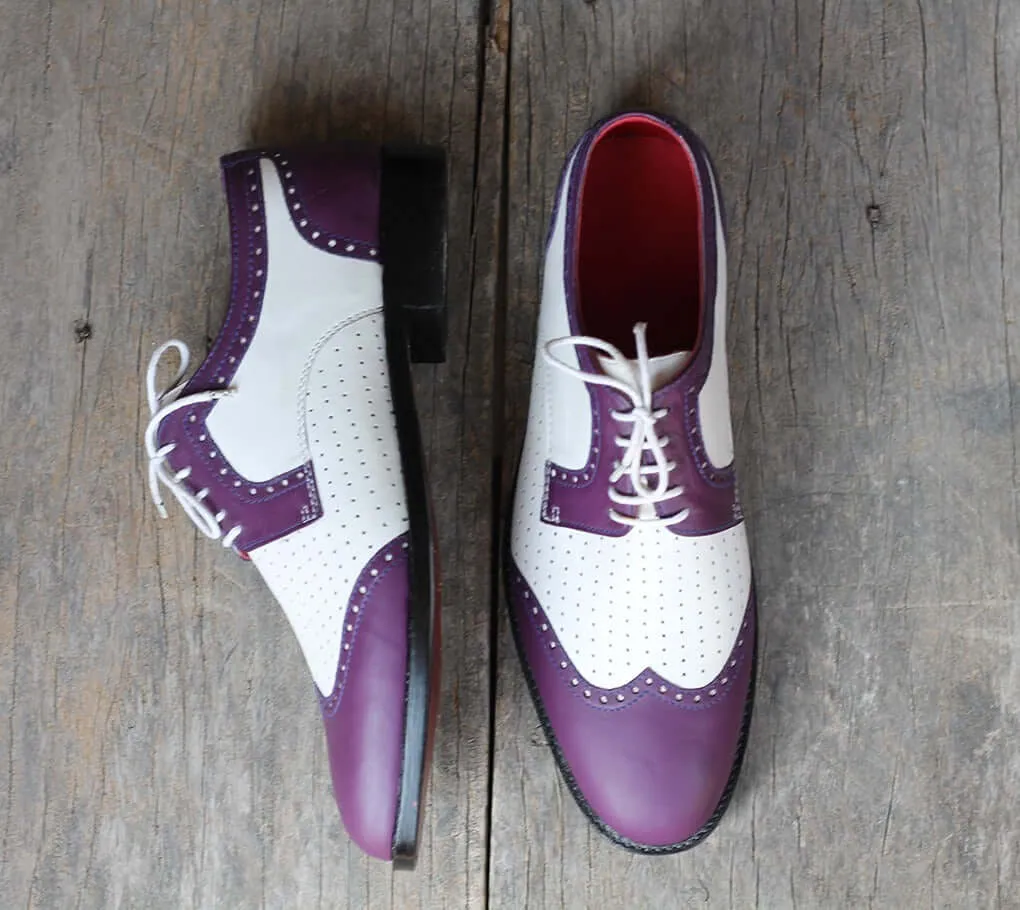 Bespoke Purple White Leather Wing Tip Lace Up Shoes