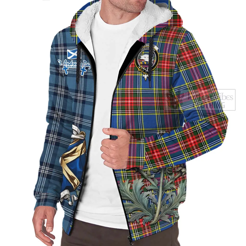 Bethune Tartan Sherpa Hoodie Happy St. Andrew's Day Half Tartan Style