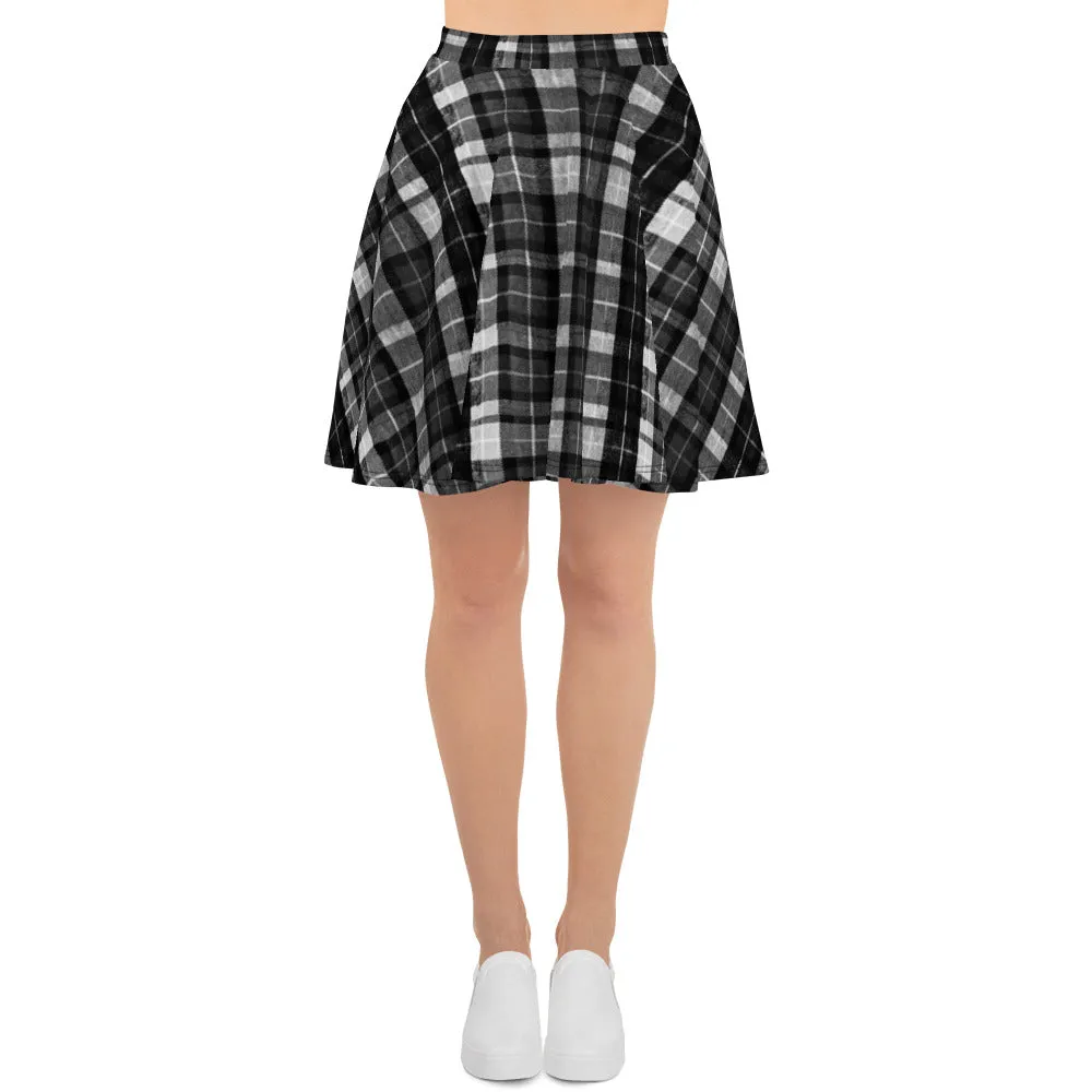 Black Plaid Women's Skater Skirt, Tartan Print Elastic Skirt For Women-Made in USA/EU