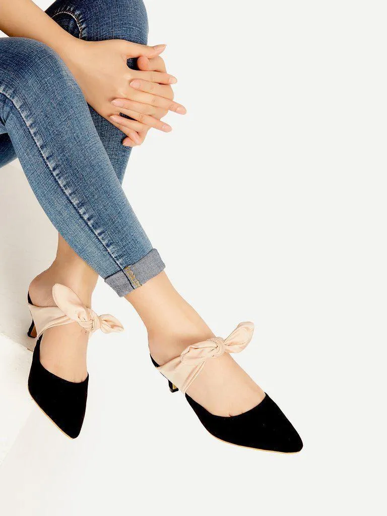 Black Point Toe Contrast Bow Tie Heeled Mules