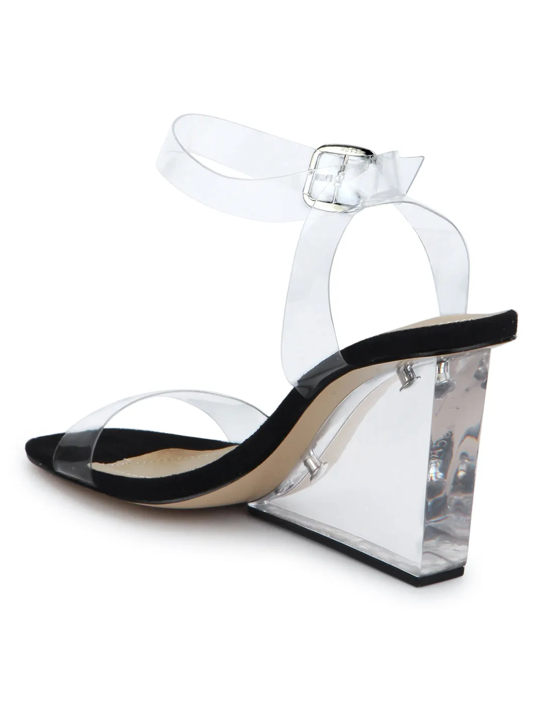 Black PU Ankle Strap Perspex Wedges