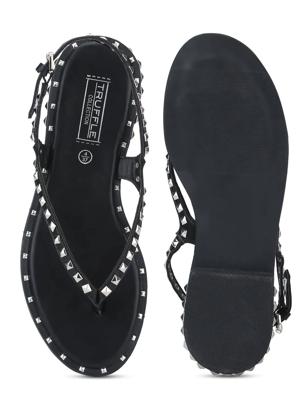 Black PU Studded Strap Slip-On Flats