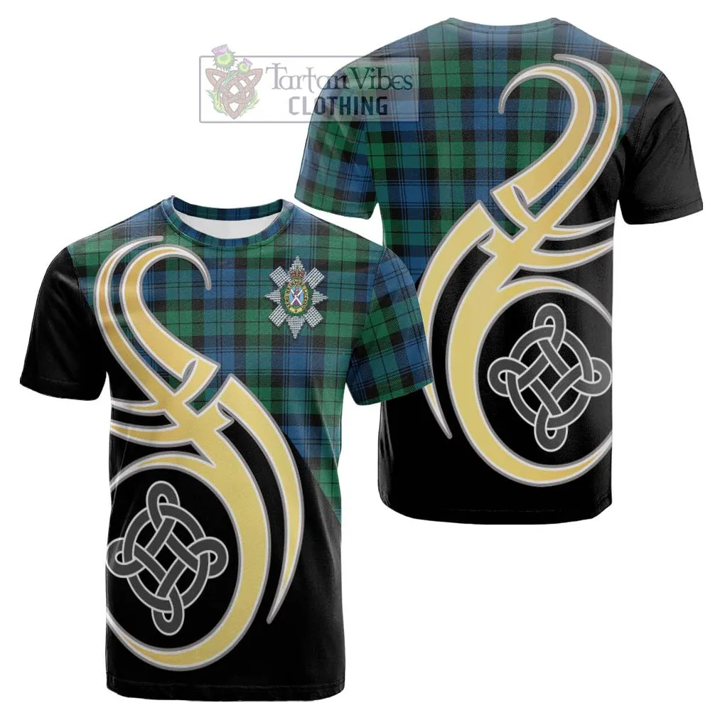 Black Watch Ancient Tartan Cotton T-shirt with Family Crest and Celtic Symbol Style