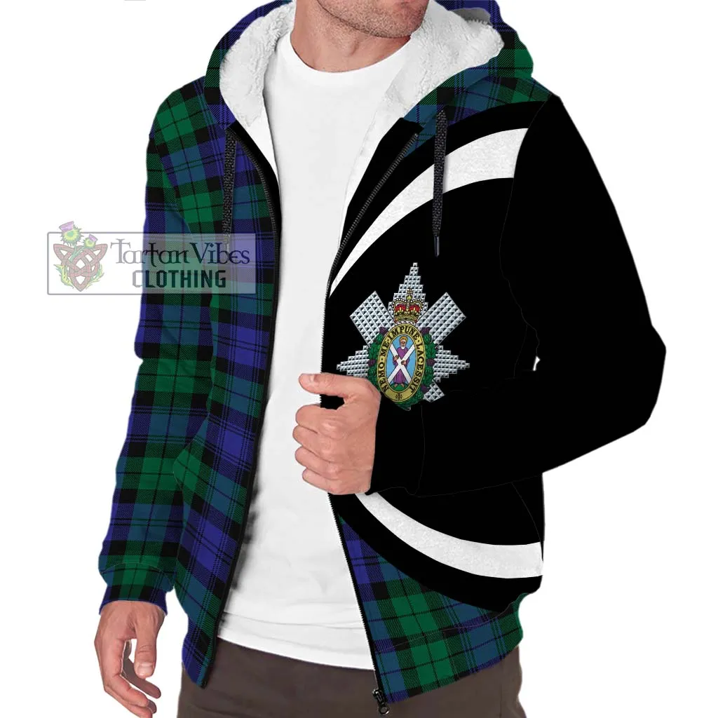 Black Watch Modern Tartan Sherpa Hoodie with Family Crest Circle Style