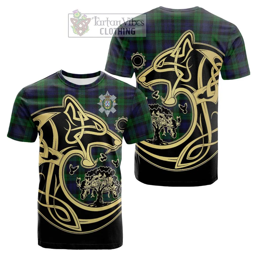 Black Watch Tartan Cotton T-shirt with Family Crest Celtic Wolf Style