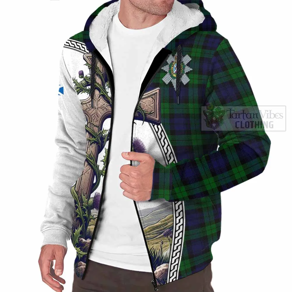 Black Watch Tartan Sherpa Hoodie with Family Crest and St. Andrew's Cross Accented by Thistle Vines