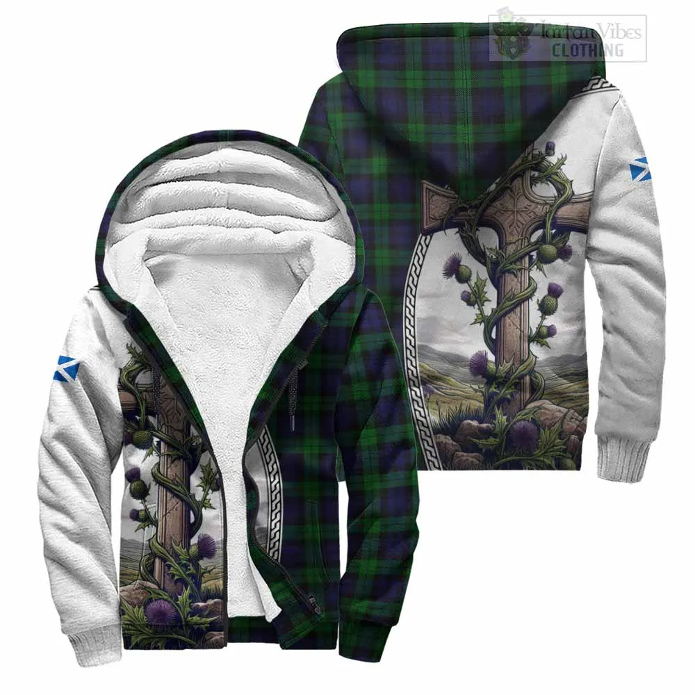 Black Watch Tartan Sherpa Hoodie with Family Crest and St. Andrew's Cross Accented by Thistle Vines