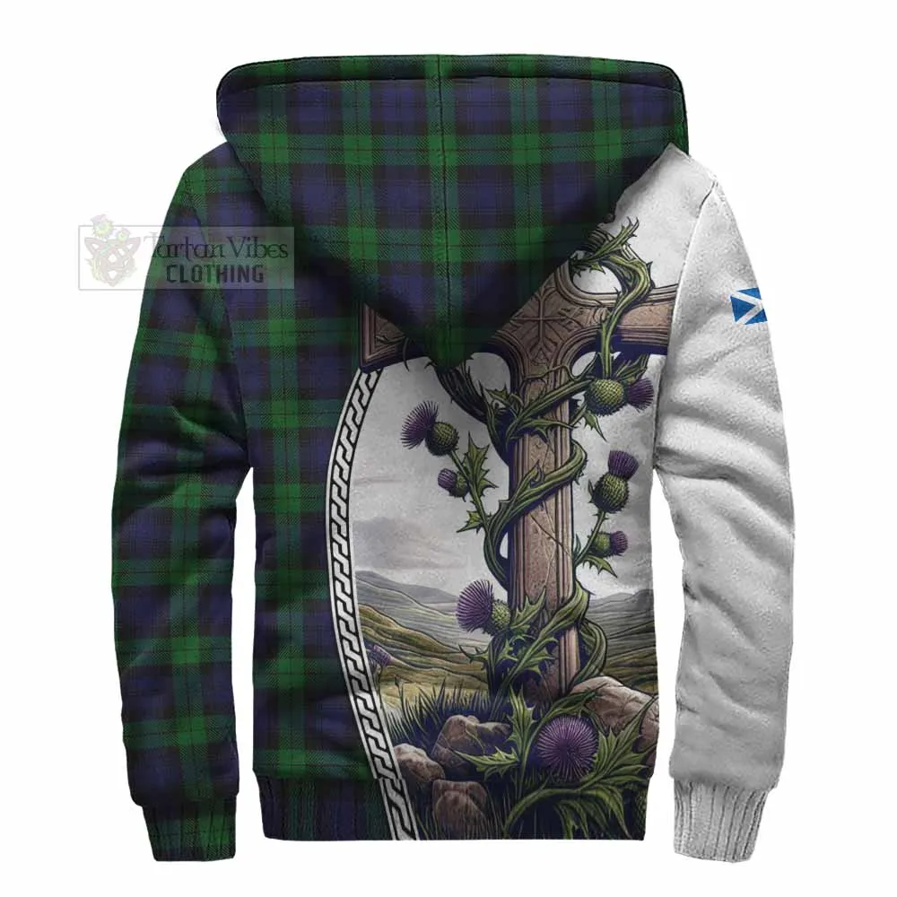 Black Watch Tartan Sherpa Hoodie with Family Crest and St. Andrew's Cross Accented by Thistle Vines