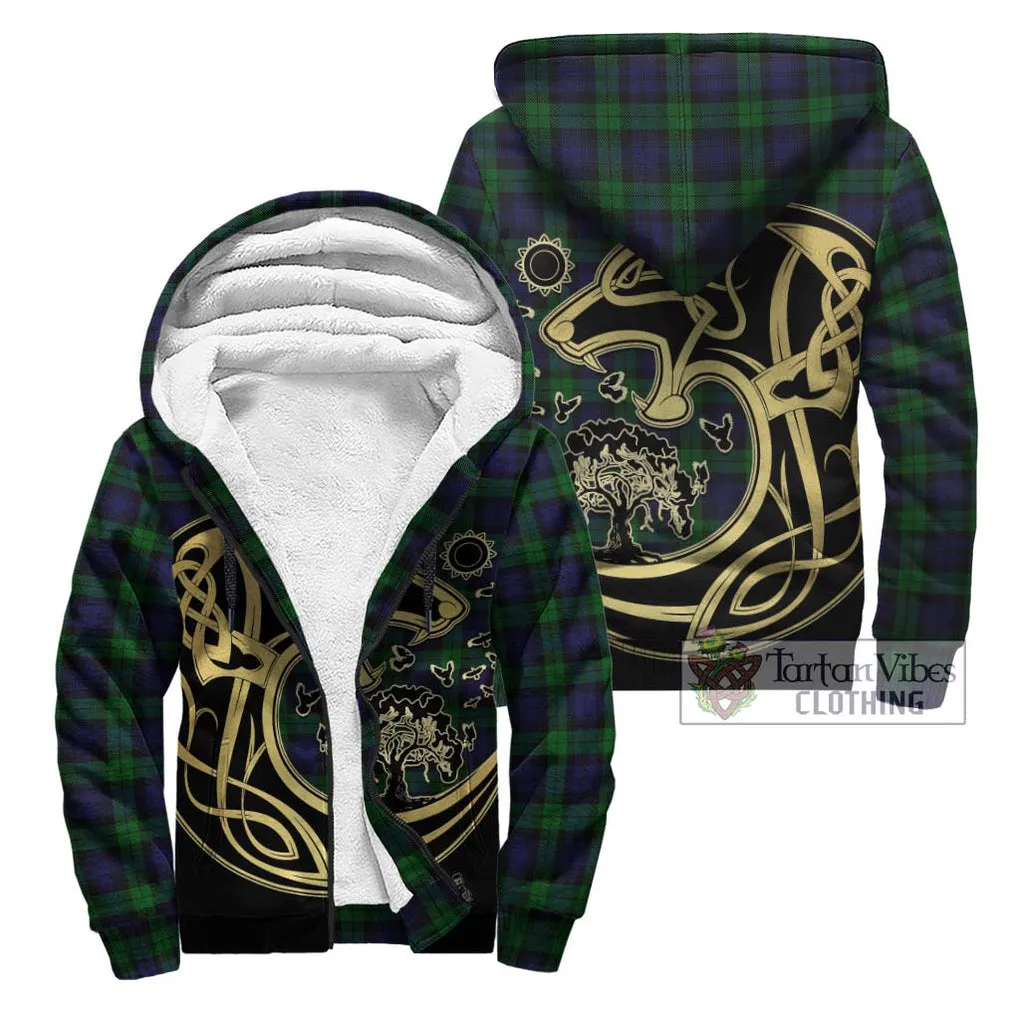 Black Watch Tartan Sherpa Hoodie with Family Crest Celtic Wolf Style