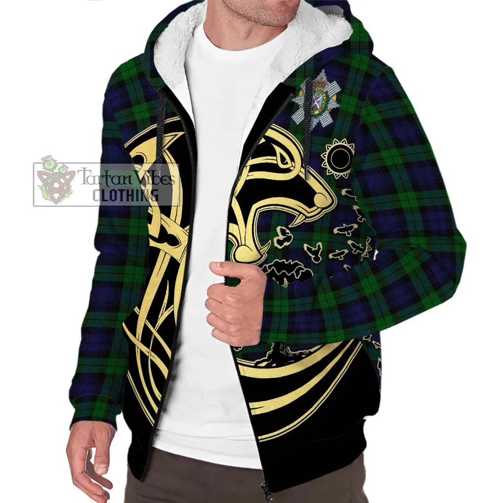 Black Watch Tartan Sherpa Hoodie with Family Crest Celtic Wolf Style