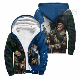 Black Watch Tartan Sherpa Hoodie with Family Crest Scottish Bagpiper Vibes