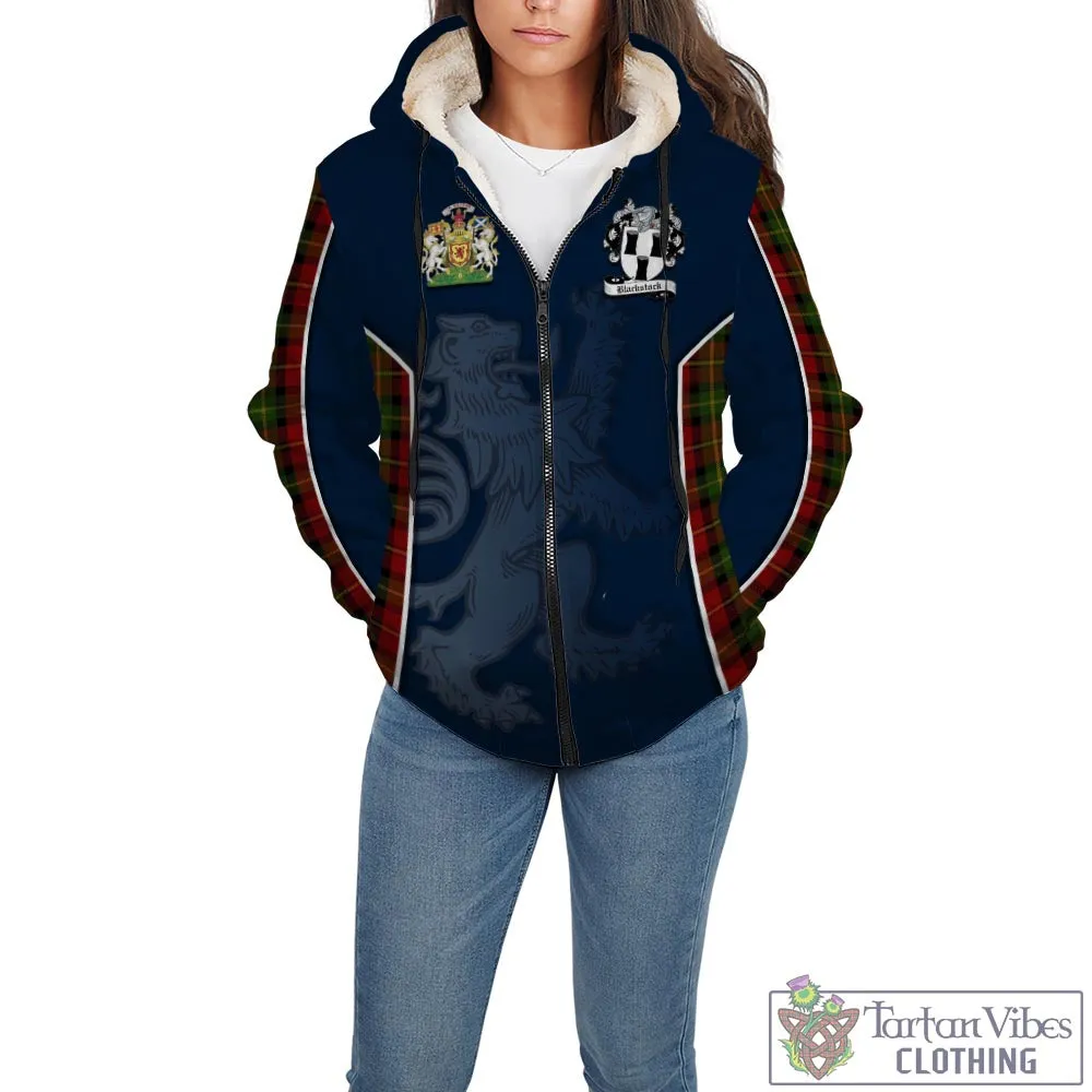 Blackstock Red Dress Tartan Sherpa Hoodie with Family Crest and Lion Rampant Vibes Sport Style