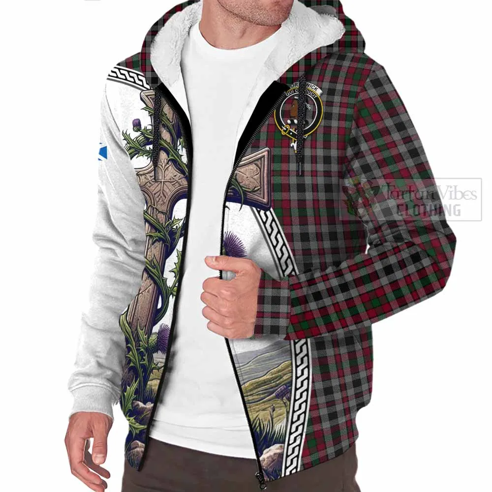 Borthwick Tartan Sherpa Hoodie with Family Crest and St. Andrew's Cross Accented by Thistle Vines