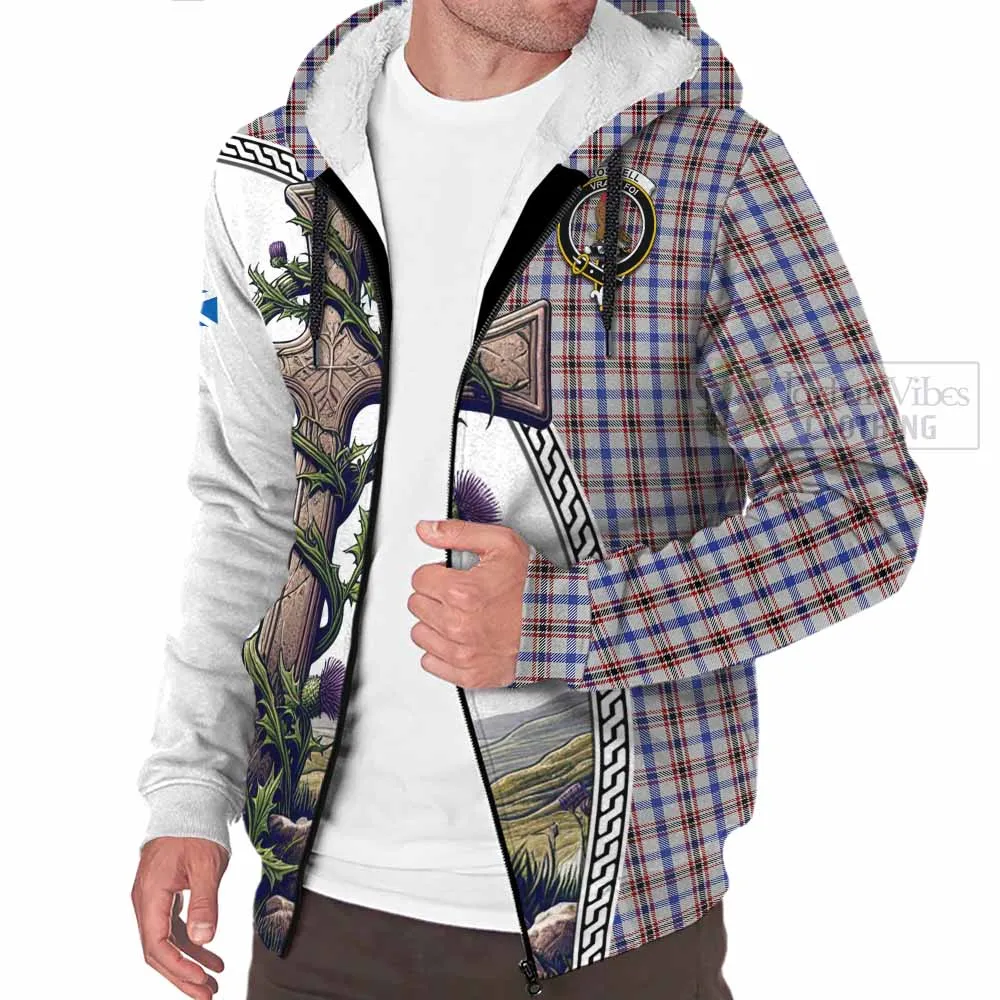 Boswell Tartan Sherpa Hoodie with Family Crest and St. Andrew's Cross Accented by Thistle Vines