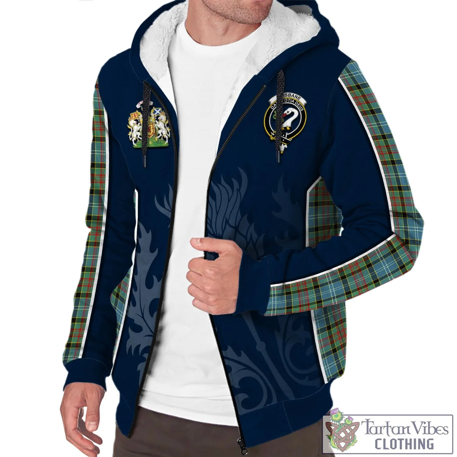 Brisbane Tartan Sherpa Hoodie with Family Crest and Scottish Thistle Vibes Sport Style