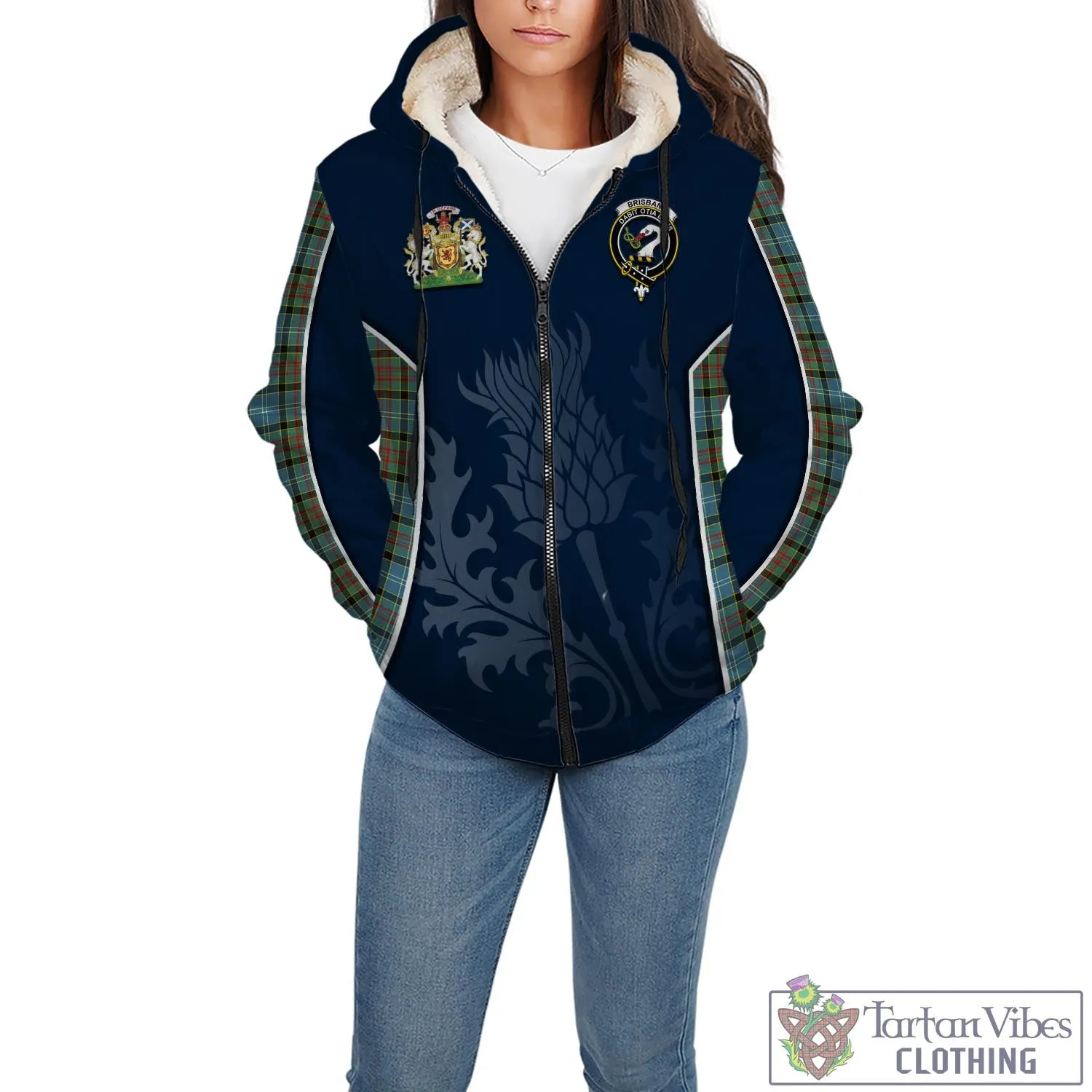 Brisbane Tartan Sherpa Hoodie with Family Crest and Scottish Thistle Vibes Sport Style