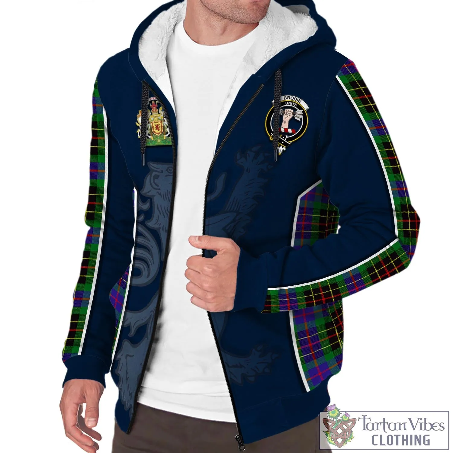 Brodie Hunting Modern Tartan Sherpa Hoodie with Family Crest and Lion Rampant Vibes Sport Style